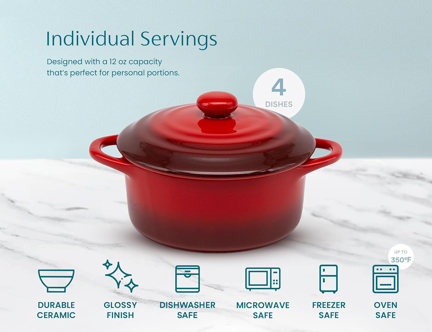 Ceramic Mini Cocotte Set, Small Casserole Dishes with Lids and Handles, Individual Baking Ramekins, Oven, Microwave & Dishwasher Safe, Stoneware, 12 Oz, Set of 4, Crimson Ombre