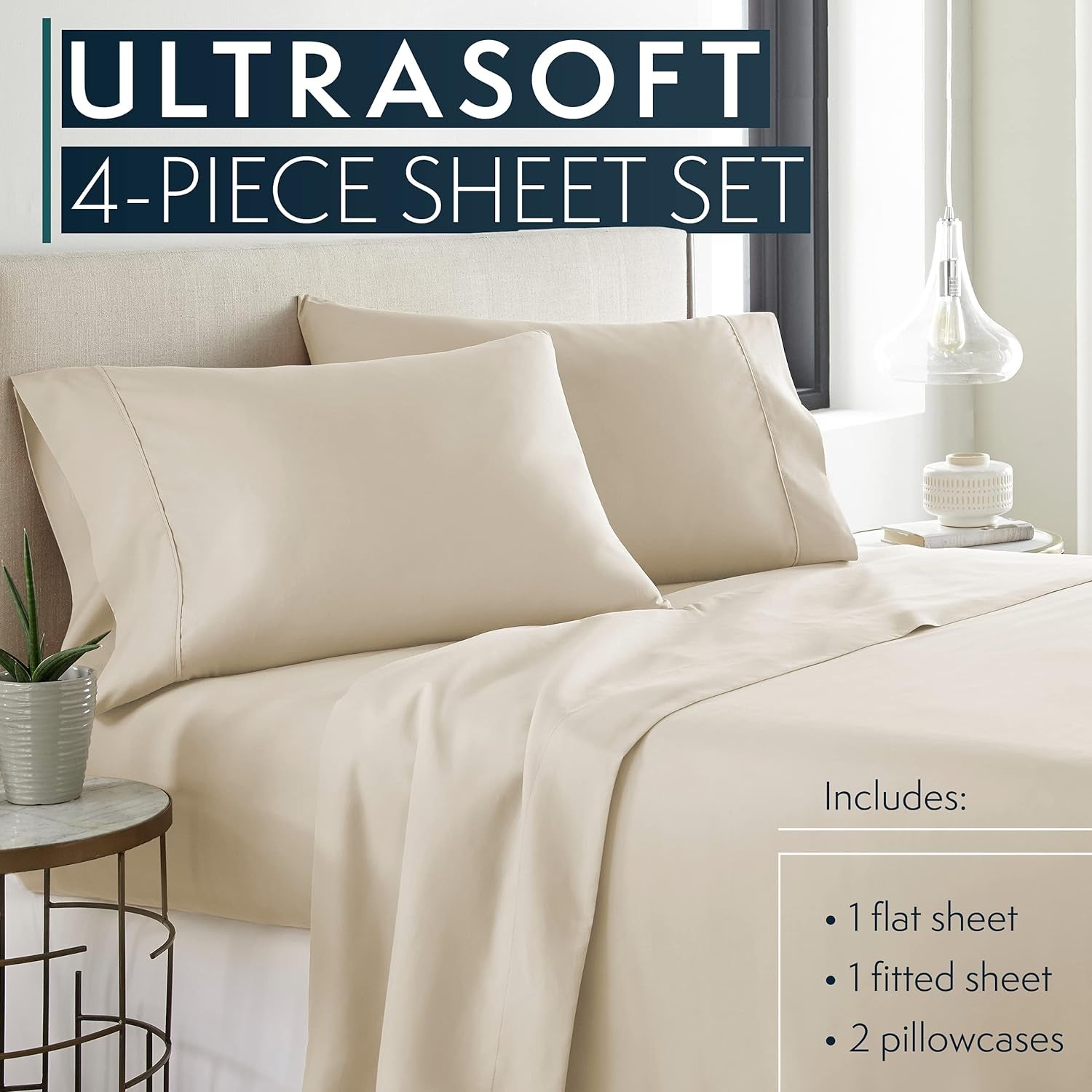 Bed Sheets Set Queen with 2 Pillowcases, Hotel Luxury Platinum 1800 Series Brushed Microfiber Deep Pocket Fitted Sheet, Fade Resistant Ultra Soft 4 Pcs Bedding for Hot Sleepers, Cream