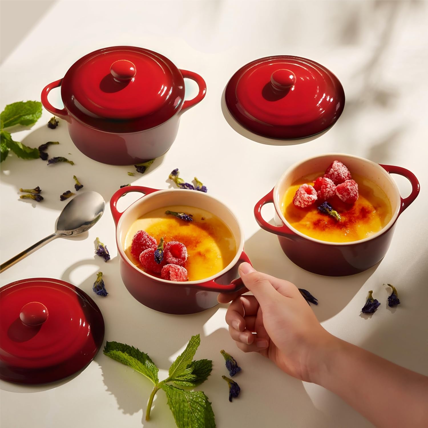 Ceramic Mini Cocotte Set, Small Casserole Dishes with Lids and Handles, Individual Baking Ramekins, Oven, Microwave & Dishwasher Safe, Stoneware, 12 Oz, Set of 4, Crimson Ombre