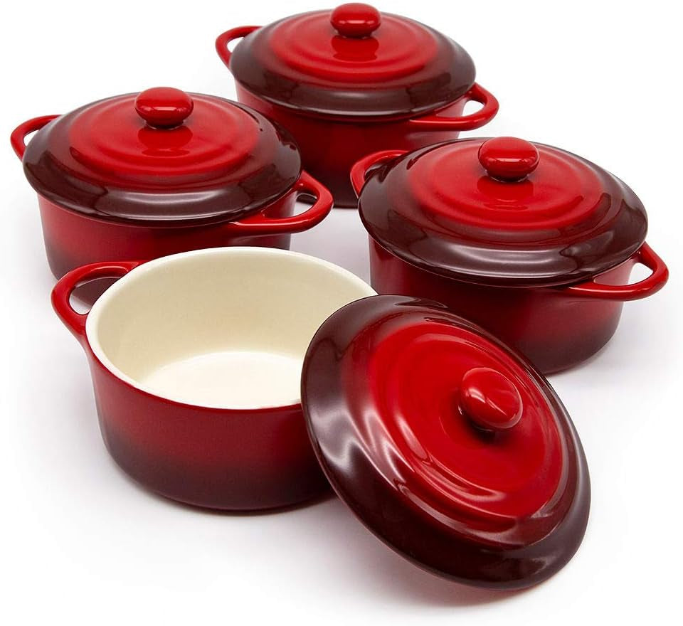 Ceramic Mini Cocotte Set, Small Casserole Dishes with Lids and Handles, Individual Baking Ramekins, Oven, Microwave & Dishwasher Safe, Stoneware, 12 Oz, Set of 4, Crimson Ombre