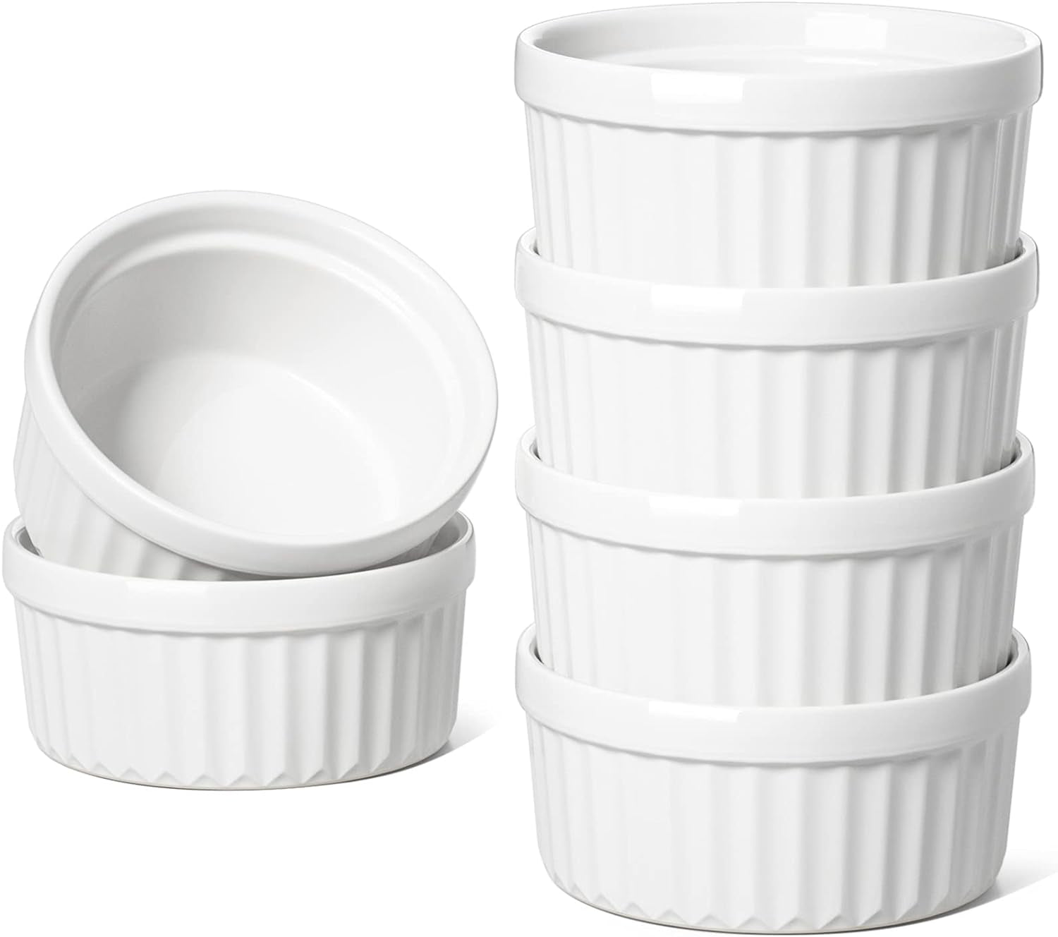 Ramekins 4 OZ Oven Safe, Creme Brulee Ramekins, Pudding Custard Cups Souffle Ramiken, Dipping Sauce Dishes, Ceramic Ramekin Bowls Set of 6, White