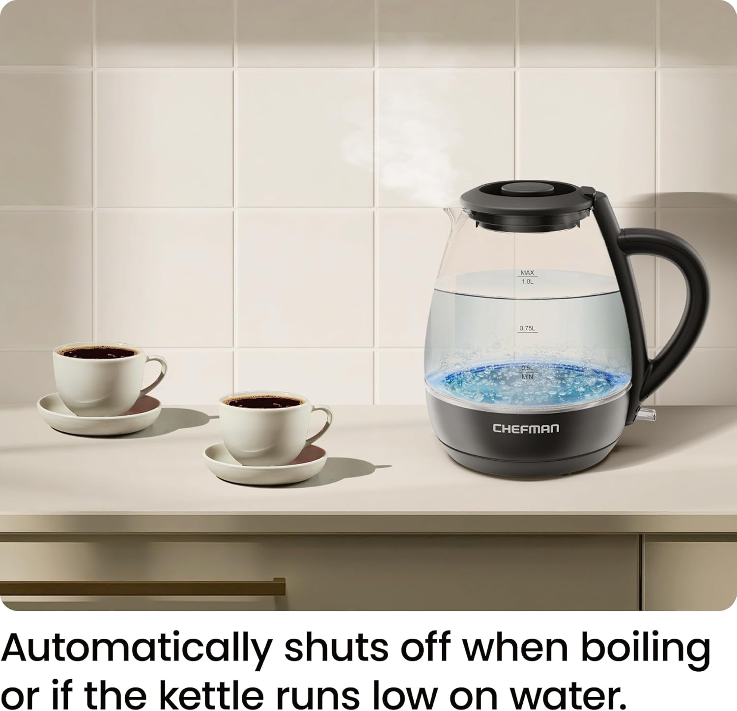 Chefman 1L Electric Glass Kettle w/ LED Indicator Light, Automatic Shutoff - Black