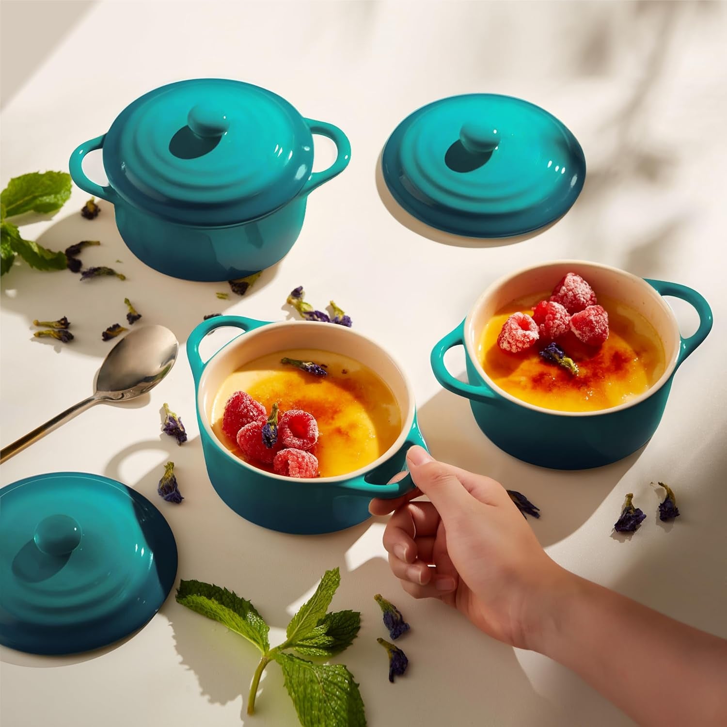 Ceramic Mini Cocotte Set, Small Casserole Dishes with Lids and Handles, Individual Baking Ramekins, Oven, Microwave & Dishwasher Safe, Stoneware, 12 Oz, Set of 4, Aqua Ombre