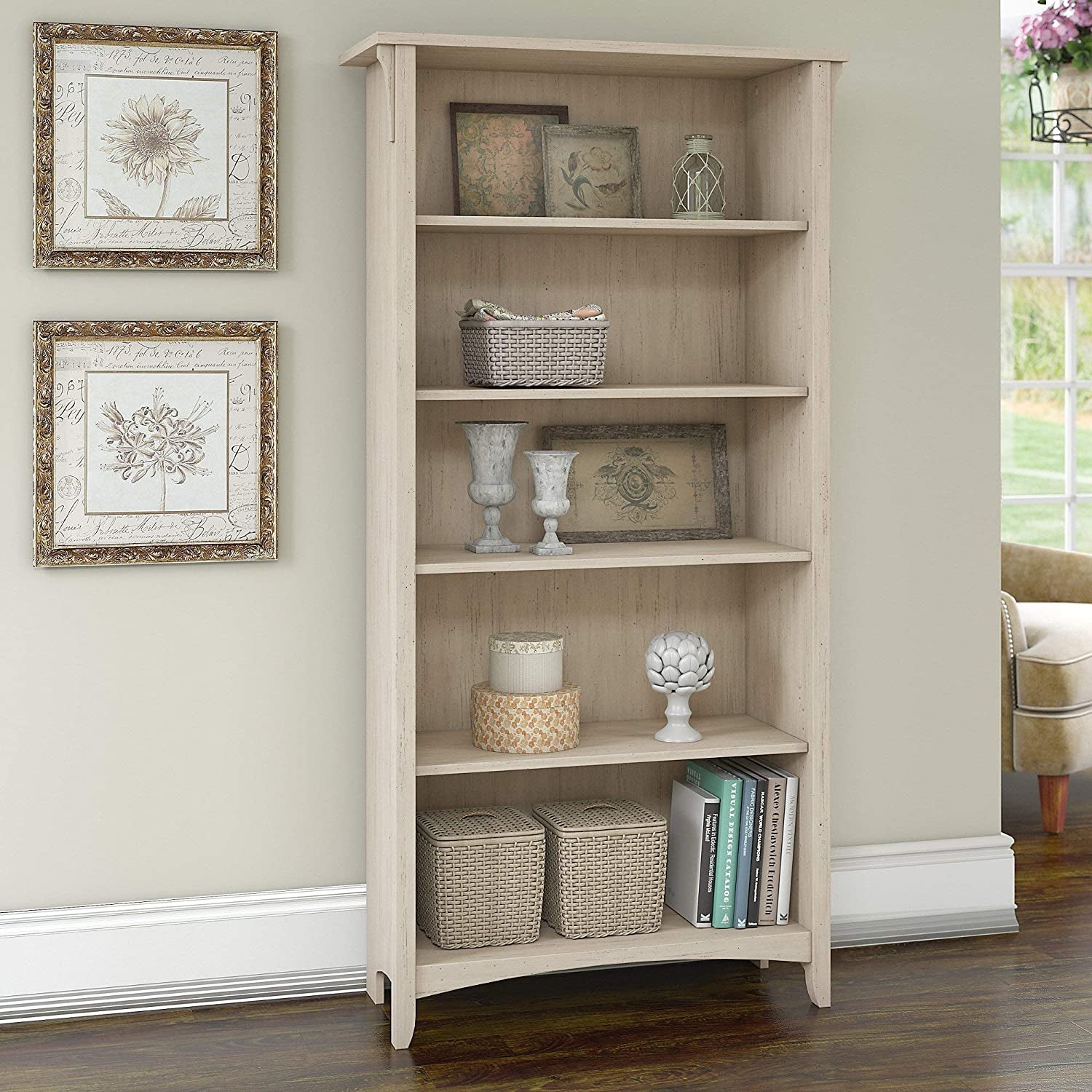 Bush Furniture Salinas 5 Shelf Bookcase in Antique White, Tall Bookshelf, Large Book Shelf for Living Room, Home Office, or Entryway