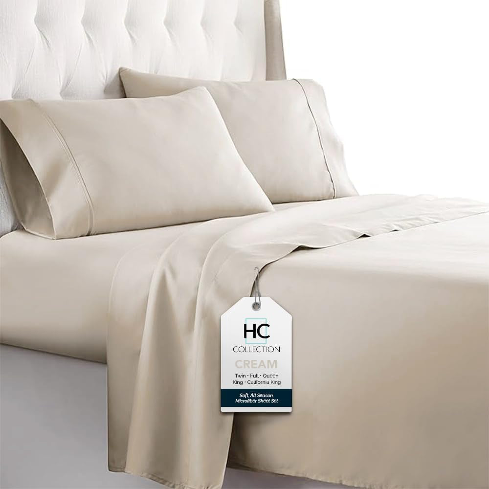 Bed Sheets Set Queen with 2 Pillowcases, Hotel Luxury Platinum 1800 Series Brushed Microfiber Deep Pocket Fitted Sheet, Fade Resistant Ultra Soft 4 Pcs Bedding for Hot Sleepers, Cream