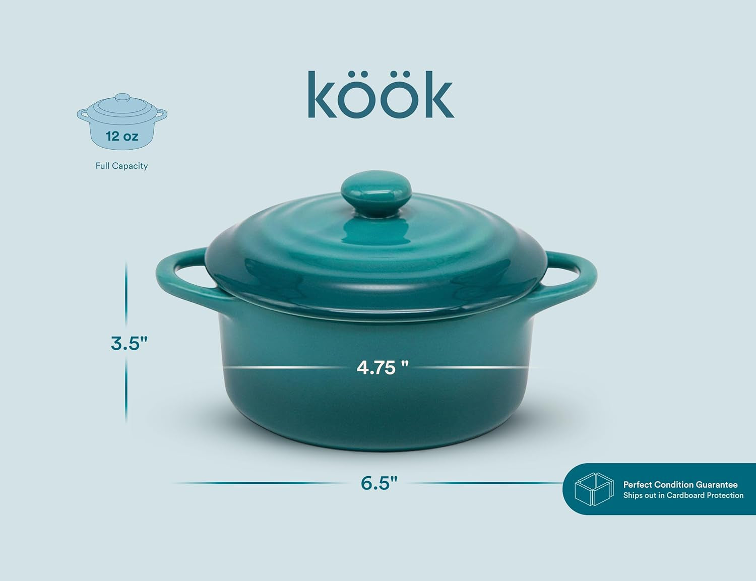 Ceramic Mini Cocotte Set, Small Casserole Dishes with Lids and Handles, Individual Baking Ramekins, Oven, Microwave & Dishwasher Safe, Stoneware, 12 Oz, Set of 4, Aqua Ombre