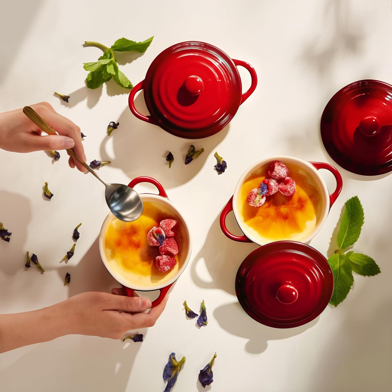 Ceramic Mini Cocotte Set, Small Casserole Dishes with Lids and Handles, Individual Baking Ramekins, Oven, Microwave & Dishwasher Safe, Stoneware, 12 Oz, Set of 4, Crimson Ombre