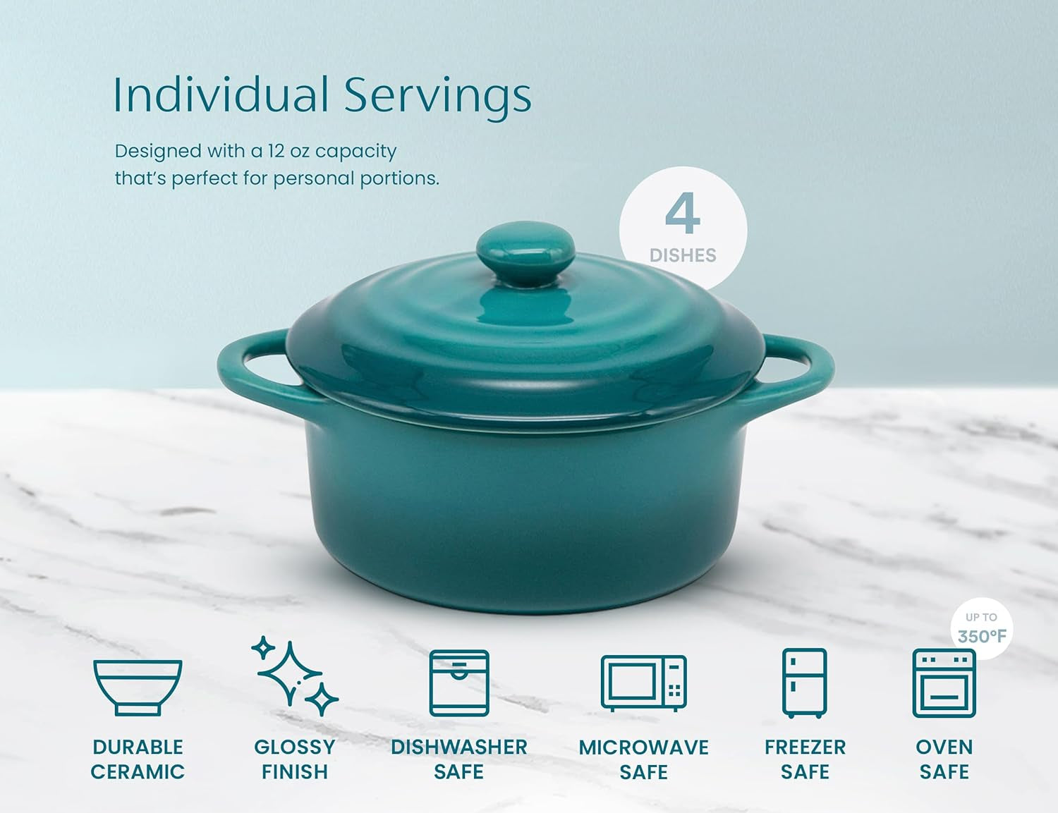 Ceramic Mini Cocotte Set, Small Casserole Dishes with Lids and Handles, Individual Baking Ramekins, Oven, Microwave & Dishwasher Safe, Stoneware, 12 Oz, Set of 4, Aqua Ombre