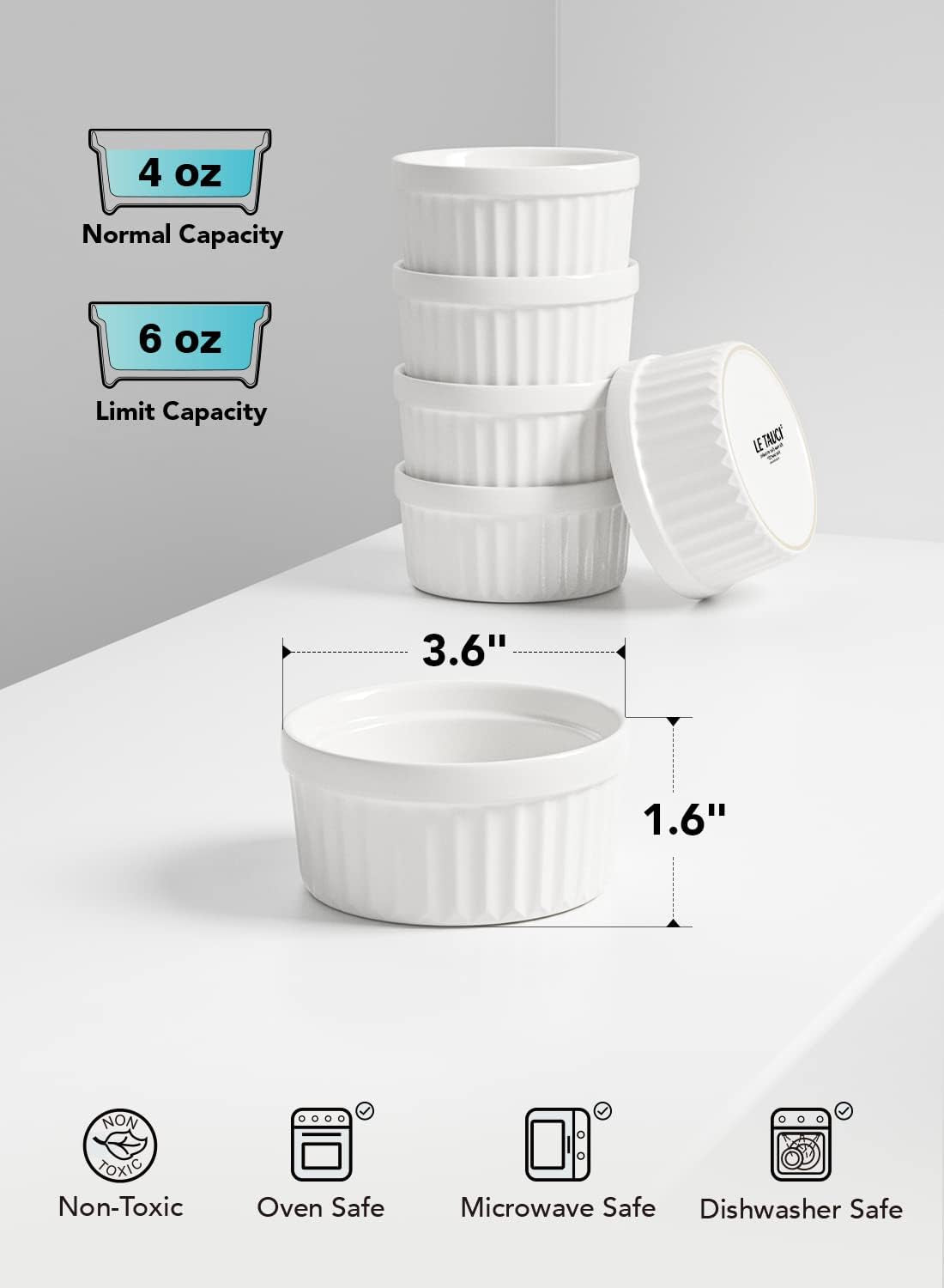 Ramekins 4 OZ Oven Safe, Creme Brulee Ramekins, Pudding Custard Cups Souffle Ramiken, Dipping Sauce Dishes, Ceramic Ramekin Bowls Set of 6, White