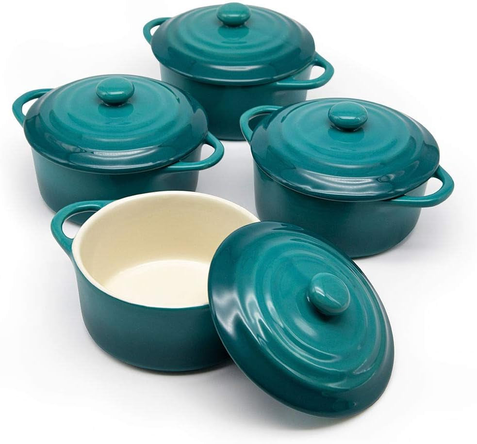 Ceramic Mini Cocotte Set, Small Casserole Dishes with Lids and Handles, Individual Baking Ramekins, Oven, Microwave & Dishwasher Safe, Stoneware, 12 Oz, Set of 4, Aqua Ombre