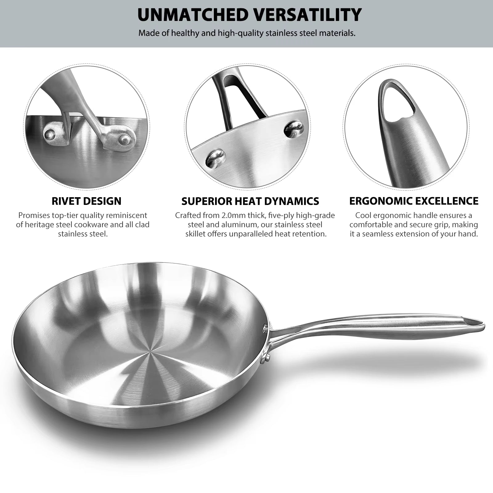 304 Stainless Steel Frying Pan, Nonstick Pan Fried Steak Pot Uncoated Kitchen Cookware for Gas Stove and Induction Cooker