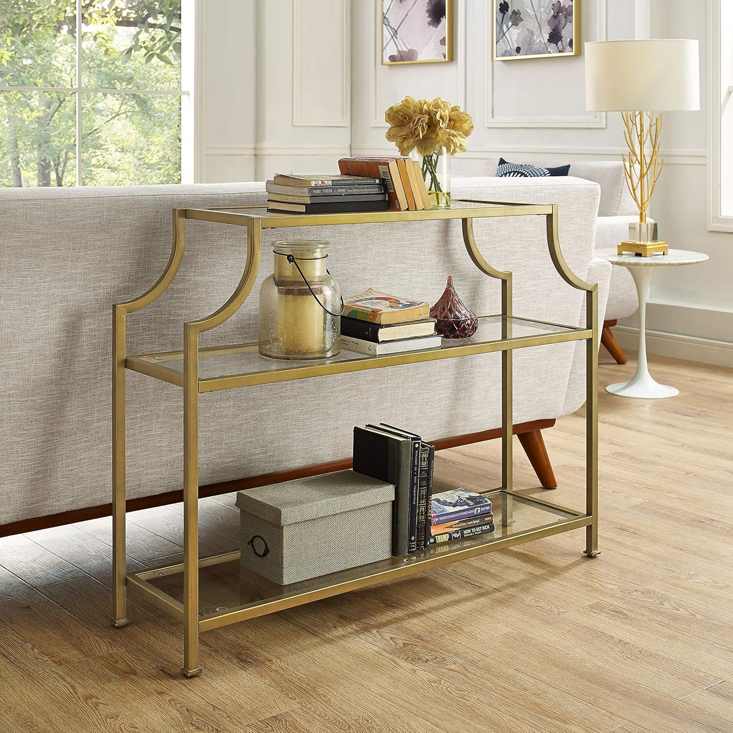 Aimee Sofa Console Table with Storage Shelves for Hall, Entryway, or Living Room, Gold and Glass