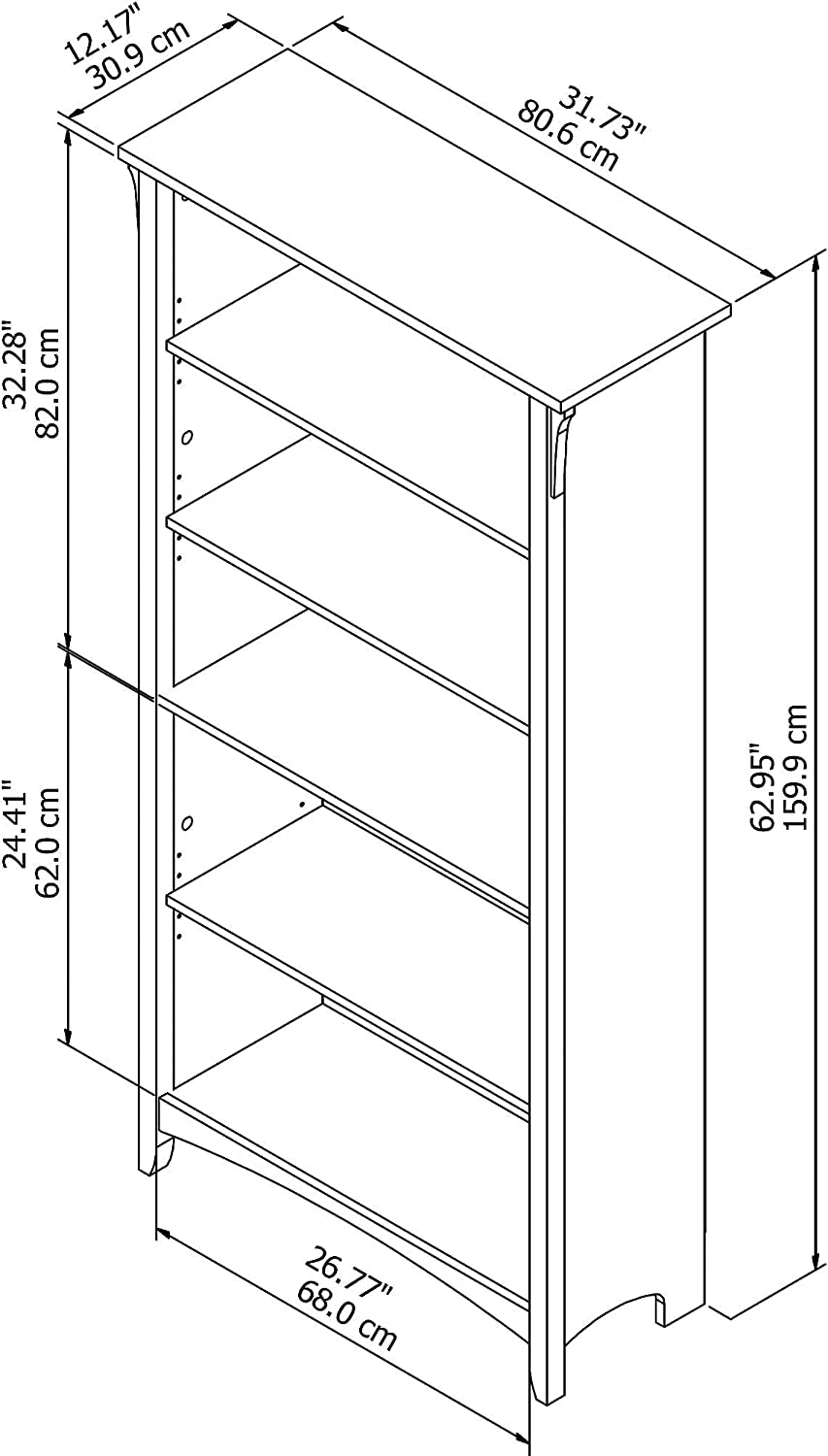 Bush Furniture Salinas 5 Shelf Bookcase in Antique White, Tall Bookshelf, Large Book Shelf for Living Room, Home Office, or Entryway