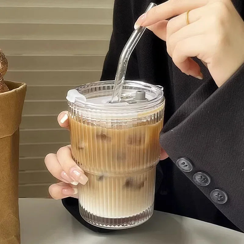 600Ml Stripe Glass Cup with Lid and Straw Transparent Drinking Glasses for Juice Water and Iced Coffee Cups Mug Drinkware