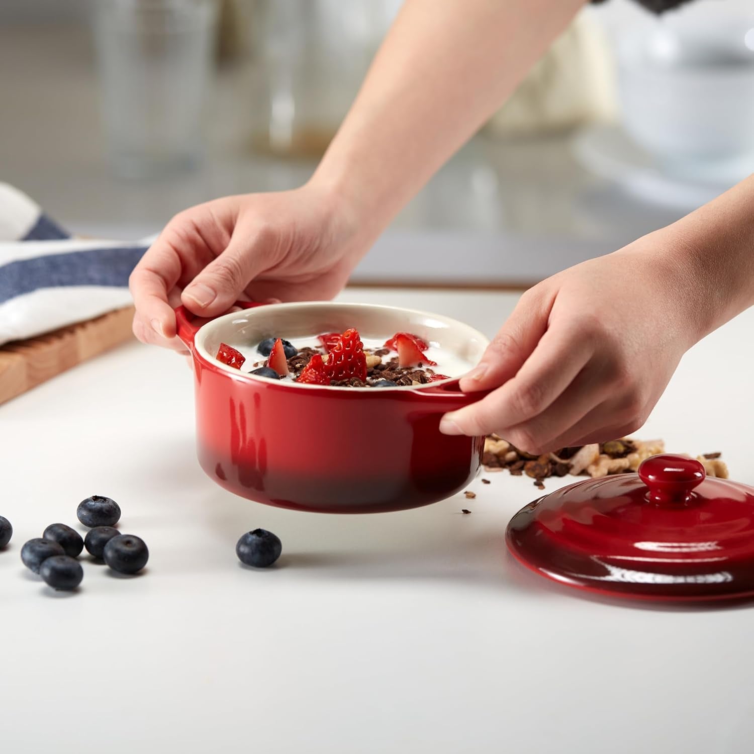 Ceramic Mini Cocotte Set, Small Casserole Dishes with Lids and Handles, Individual Baking Ramekins, Oven, Microwave & Dishwasher Safe, Stoneware, 12 Oz, Set of 4, Crimson Ombre