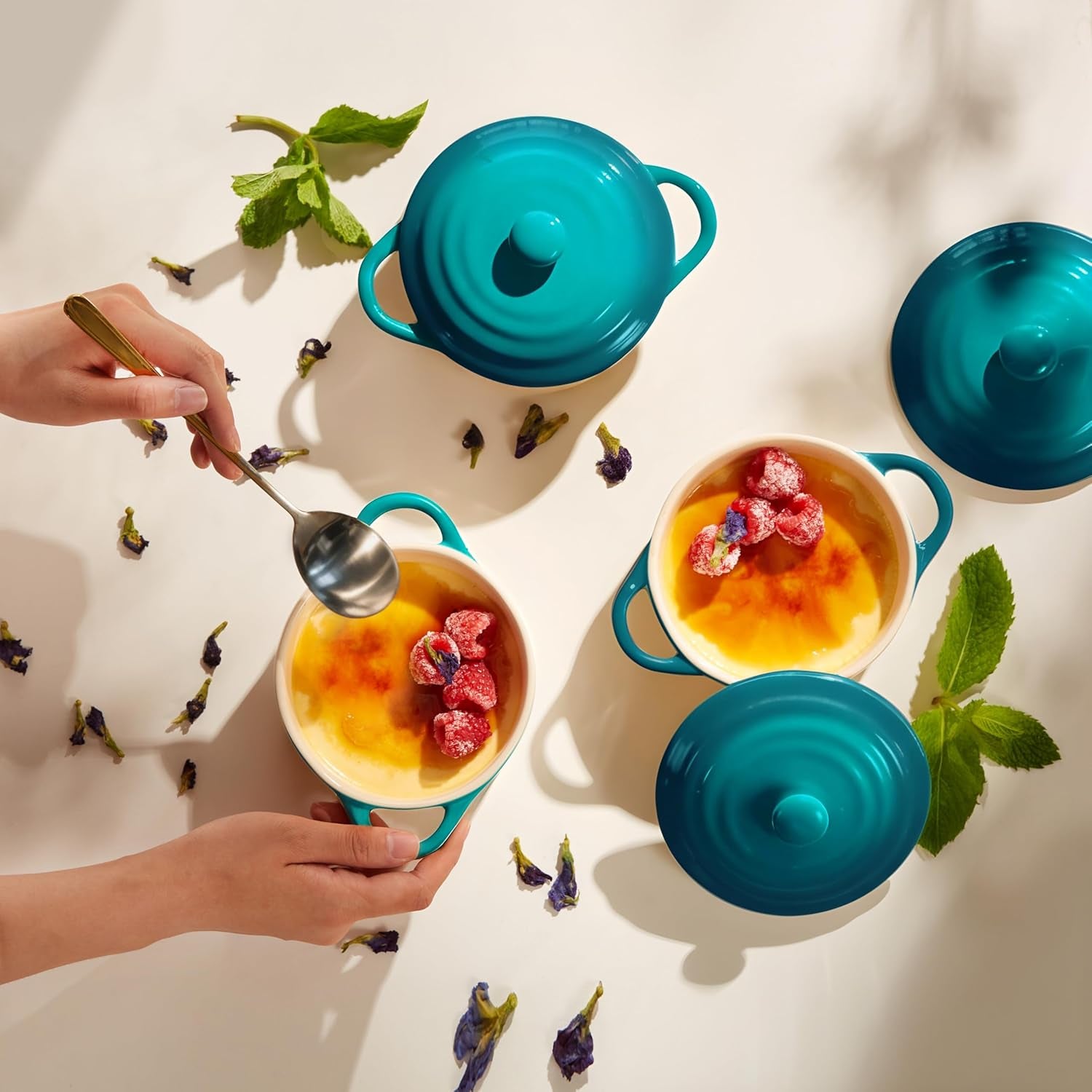 Ceramic Mini Cocotte Set, Small Casserole Dishes with Lids and Handles, Individual Baking Ramekins, Oven, Microwave & Dishwasher Safe, Stoneware, 12 Oz, Set of 4, Aqua Ombre