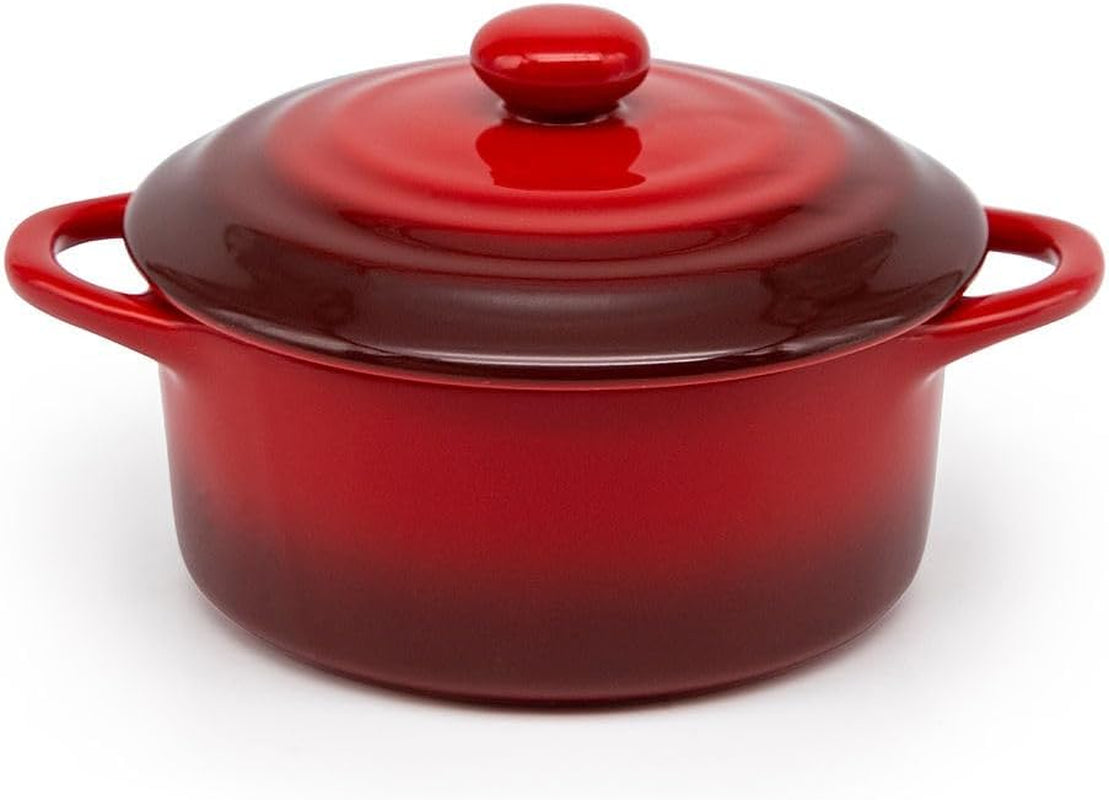 Ceramic Mini Cocotte Set, Small Casserole Dishes with Lids and Handles, Individual Baking Ramekins, Oven, Microwave & Dishwasher Safe, Stoneware, 12 Oz, Set of 4, Crimson Ombre