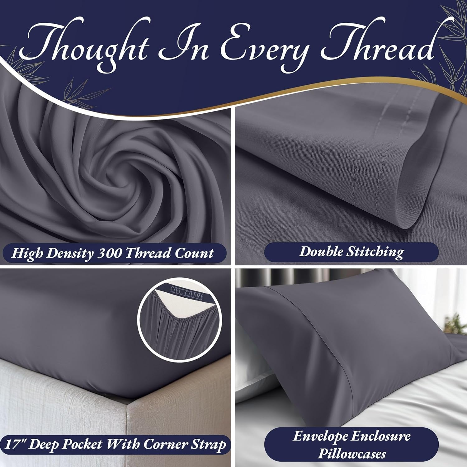 100% Viscose Derived from Bamboo Sheets Queen Size 4Pcs - Ultra Soft & Luxuriously Cooling, 17" Deep Pocket, Double Stitching, Perfect for Hot Sleepers - Queen Bed Sheets (Grey)