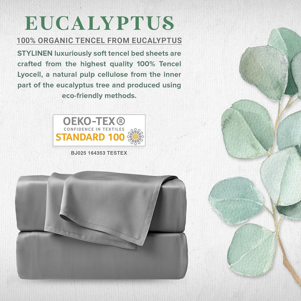 100% Organic Eucalyptus Bed Sheets King Size 4 Piece Set, Tencel Lyocell, Silky Soft & Smooth, Breathable, 16 Inch Deep Pockets, 1 Fitted, 1 Flat, 2 Pillowcases (King, Stone Grey)