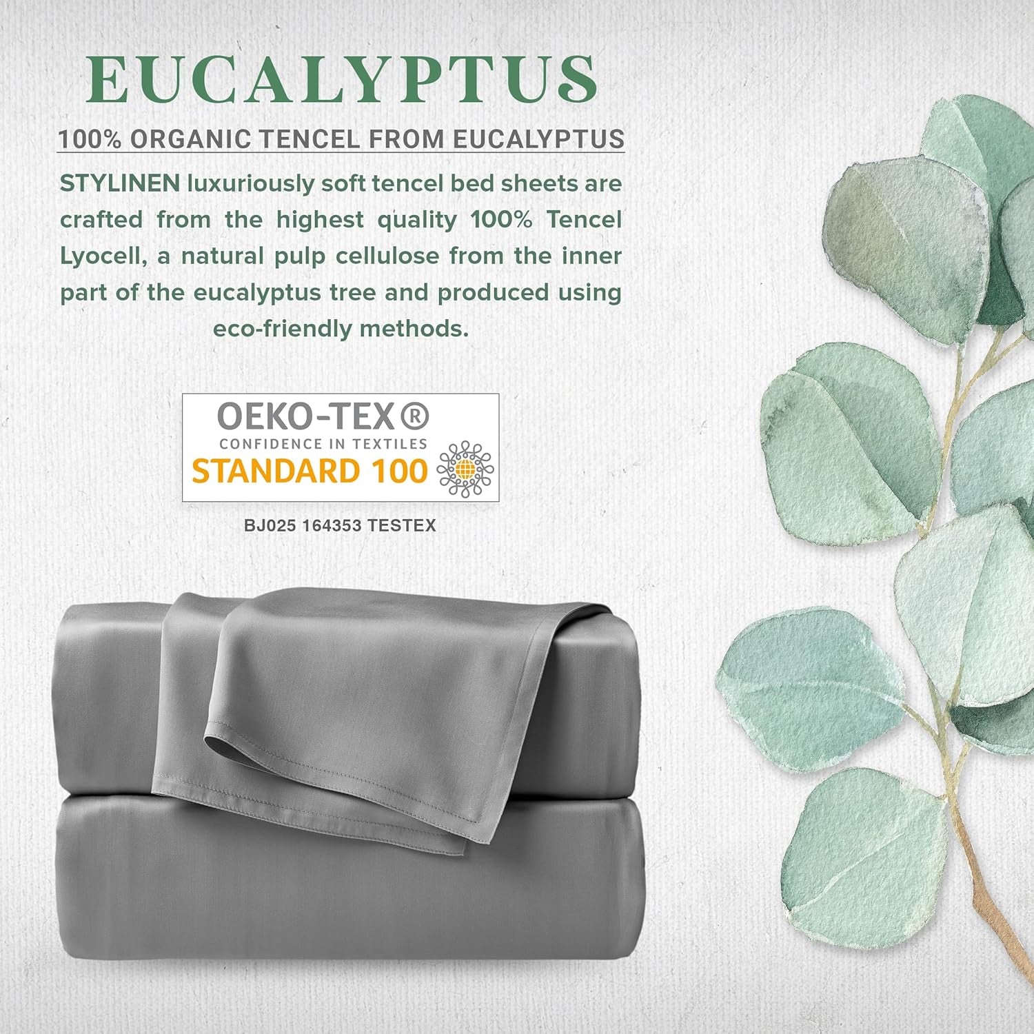100% Organic Eucalyptus Bed Sheets King Size 4 Piece Set, Tencel Lyocell, Silky Soft & Smooth, Breathable, 16 Inch Deep Pockets, 1 Fitted, 1 Flat, 2 Pillowcases (King, Stone Grey)