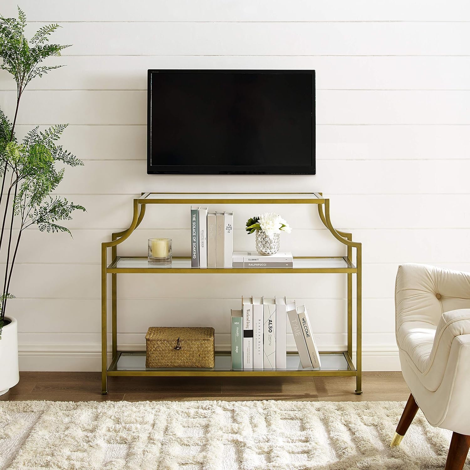 Aimee Sofa Console Table with Storage Shelves for Hall, Entryway, or Living Room, Gold and Glass
