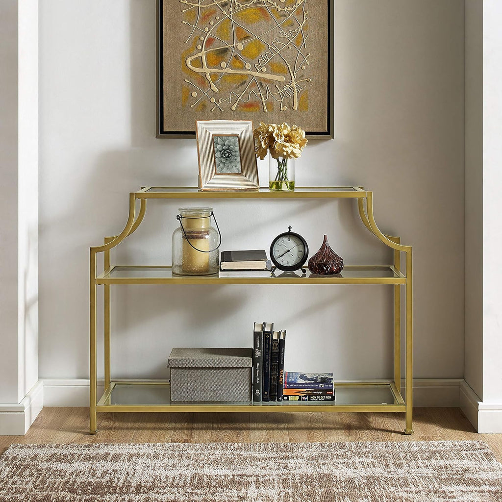 Aimee Sofa Console Table with Storage Shelves for Hall, Entryway, or Living Room, Gold and Glass