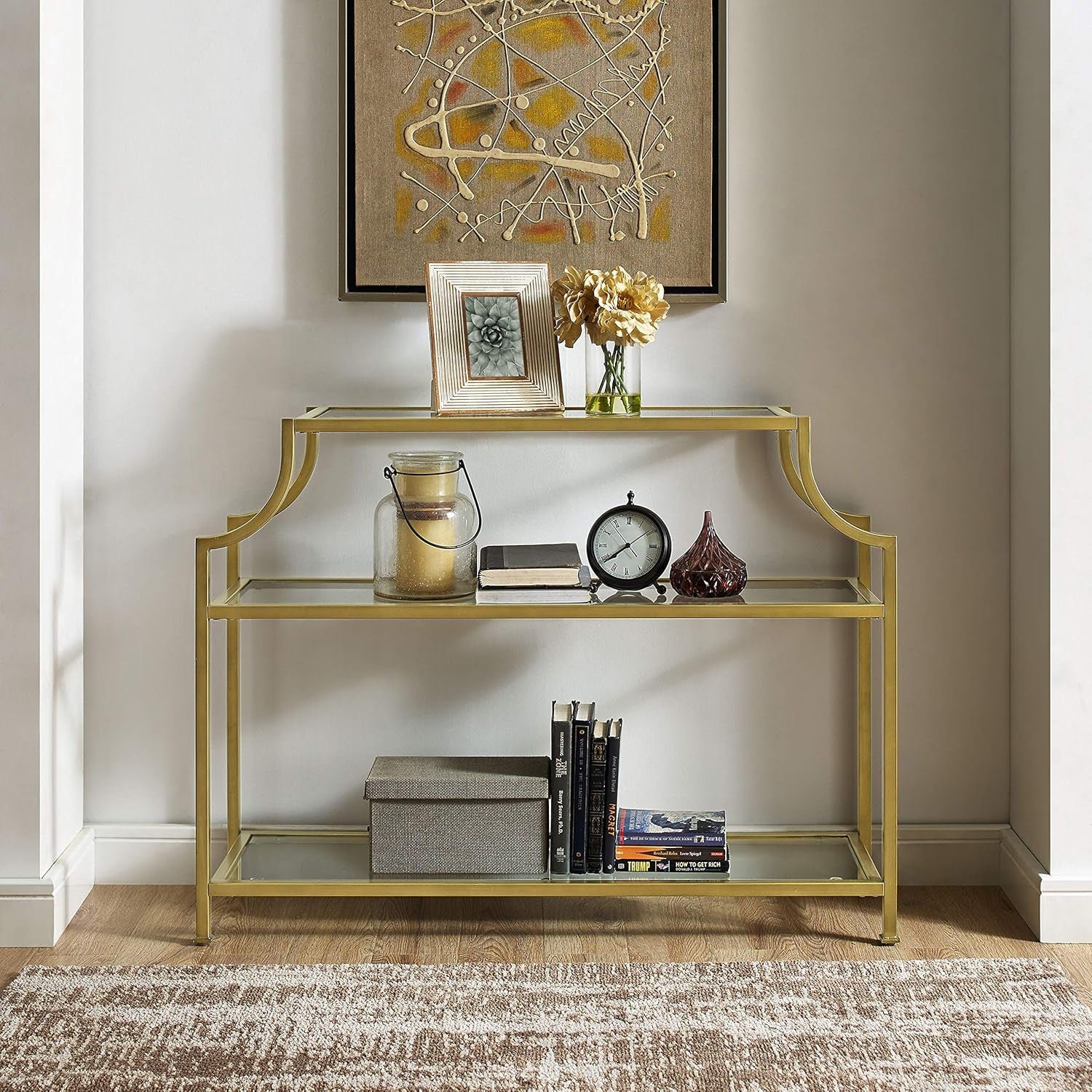 Aimee Sofa Console Table with Storage Shelves for Hall, Entryway, or Living Room, Gold and Glass