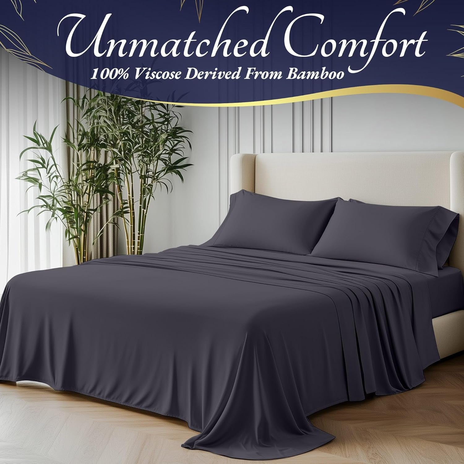 100% Viscose Derived from Bamboo Sheets Queen Size 4Pcs - Ultra Soft & Luxuriously Cooling, 17" Deep Pocket, Double Stitching, Perfect for Hot Sleepers - Queen Bed Sheets (Grey)