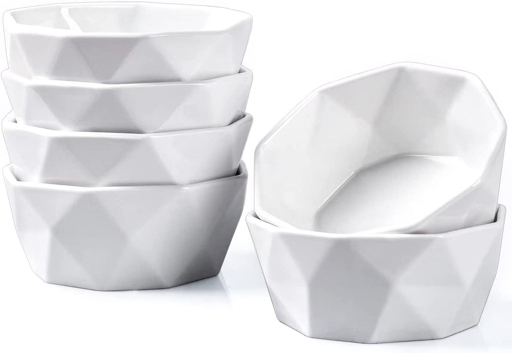 Ramekins 8 Oz, Creme Brulee Ramekins, Porcelain Ramekins Oven Safe, Geometric Style Ramekins for Baking Souffle, Ice Cream, Snack, Charcuterie Bowls, Set of 6, White