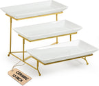 3 Tier Serving Stand Porcelain Serving Platter Tier Serving Trays with Collapsible Sturdier Rack, Serving Dishes and Platters for Valentine'S Day, Christmas, Entertaining, Gold, 12 Inch