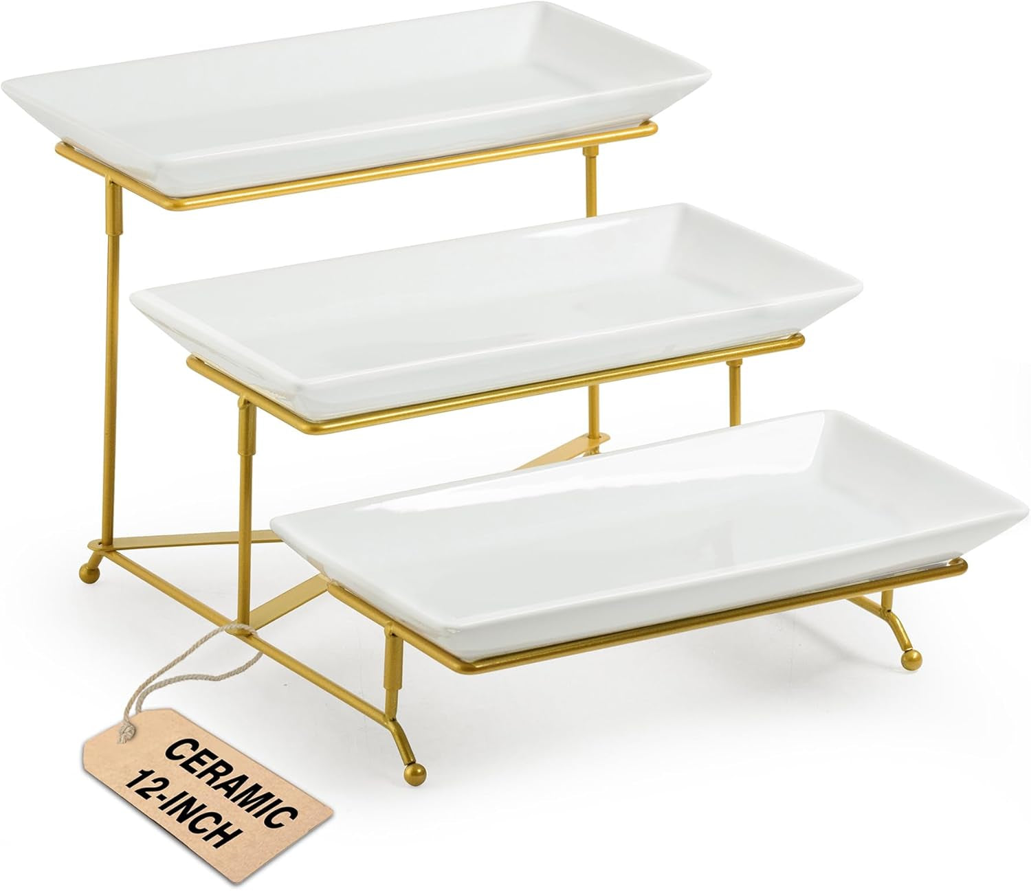 3 Tier Serving Stand Porcelain Serving Platter Tier Serving Trays with Collapsible Sturdier Rack, Serving Dishes and Platters for Valentine'S Day, Christmas, Entertaining, Gold, 12 Inch