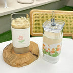 1Pcs Square Heat Resistant Coffee Glass Cup with Lid and Straw Transparent Milk Tea Juice Cups Coffee Mug for Home Bar Drinkware