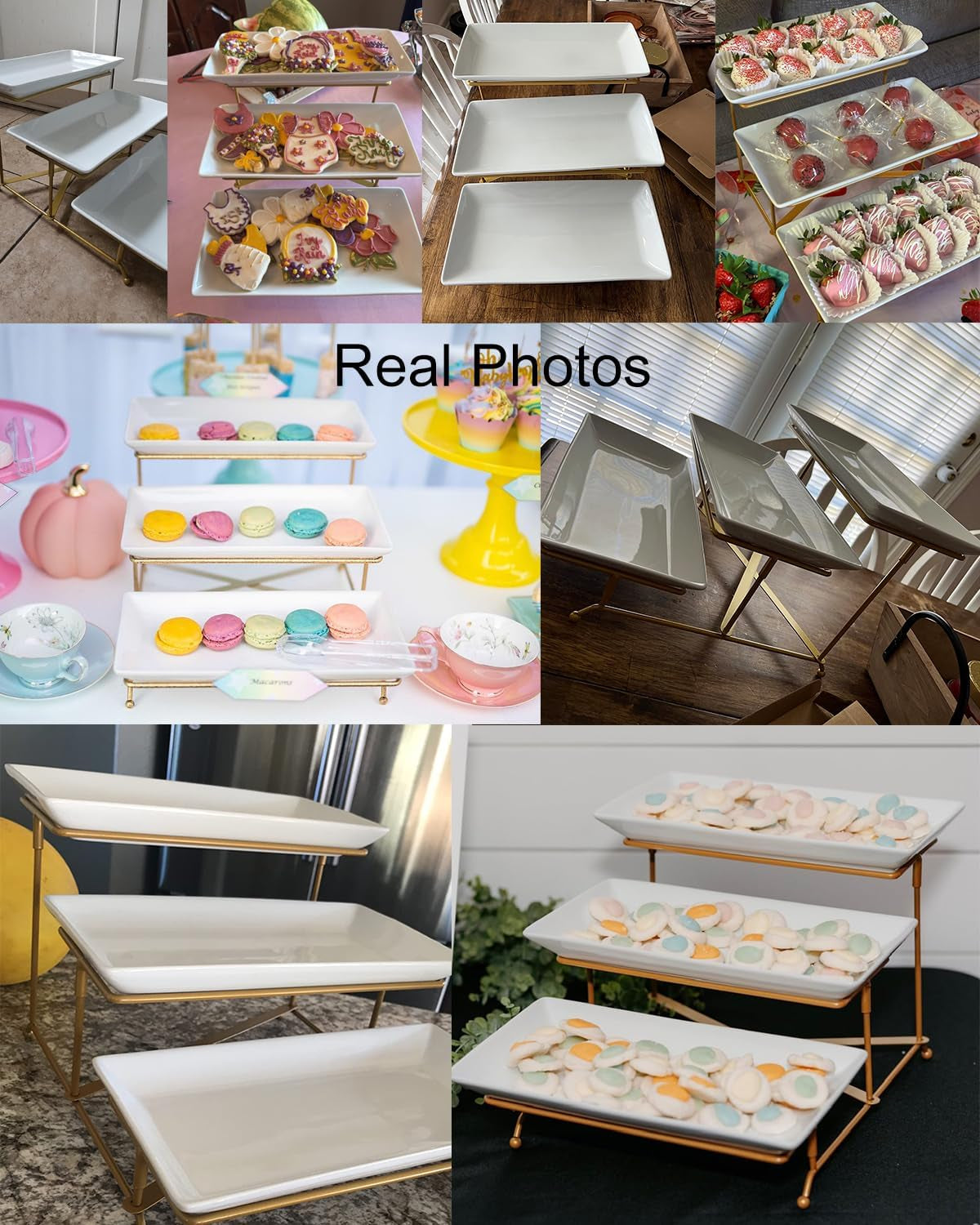3 Tier Serving Stand Porcelain Serving Platter Tier Serving Trays with Collapsible Sturdier Rack, Serving Dishes and Platters for Valentine'S Day, Christmas, Entertaining, Gold, 12 Inch