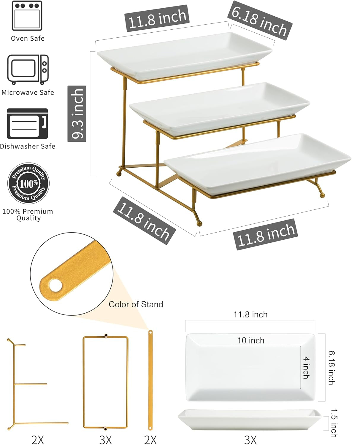3 Tier Serving Stand Porcelain Serving Platter Tier Serving Trays with Collapsible Sturdier Rack, Serving Dishes and Platters for Valentine'S Day, Christmas, Entertaining, Gold, 12 Inch