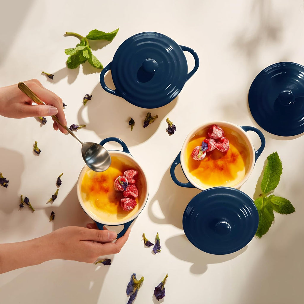 Ceramic Mini Cocotte Set, Small Casserole Dishes with Lids and Handles, Individual Baking Ramekins, Oven, Microwave & Dishwasher Safe, Stoneware, 12 Oz, Set of 4, Navy