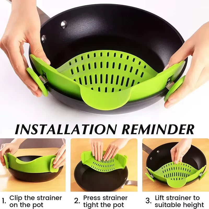 Universal Silicone Clip on Pan Pot Strainer anti Spill Pasta Pot Strainer Food Grade Fruit Colander for Pasta Fruit Vegetable