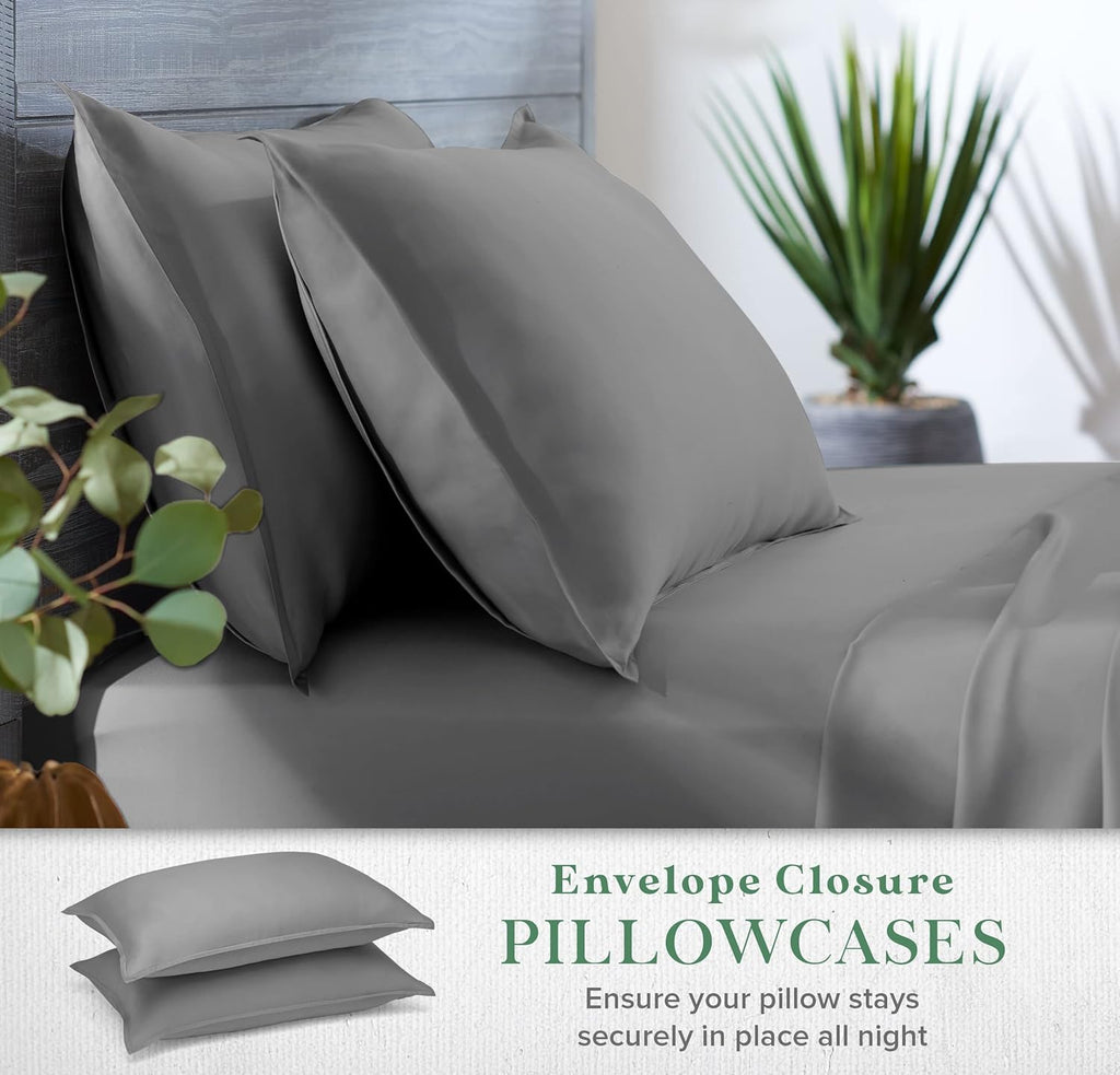 100% Organic Eucalyptus Bed Sheets King Size 4 Piece Set, Tencel Lyocell, Silky Soft & Smooth, Breathable, 16 Inch Deep Pockets, 1 Fitted, 1 Flat, 2 Pillowcases (King, Stone Grey)
