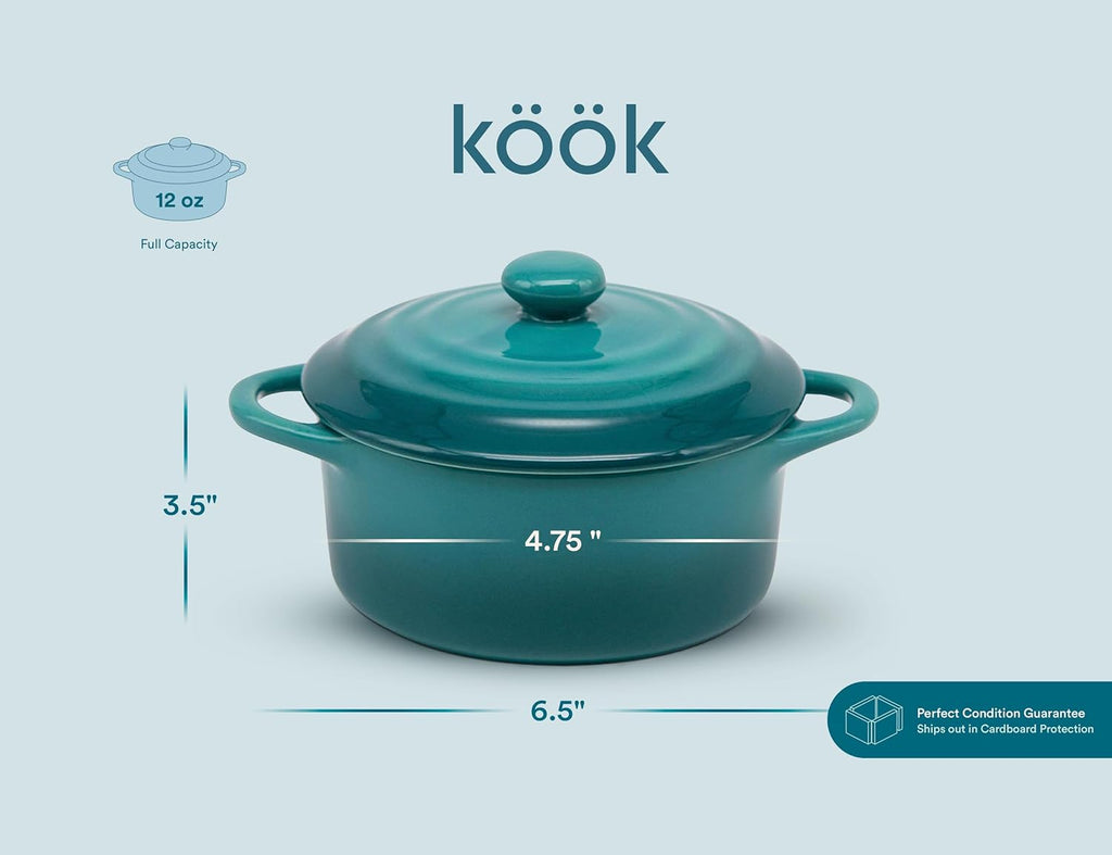 Ceramic Mini Cocotte Set, Small Casserole Dishes with Lids and Handles, Individual Baking Ramekins, Oven, Microwave & Dishwasher Safe, Stoneware, 12 Oz, Set of 4, Aqua Ombre