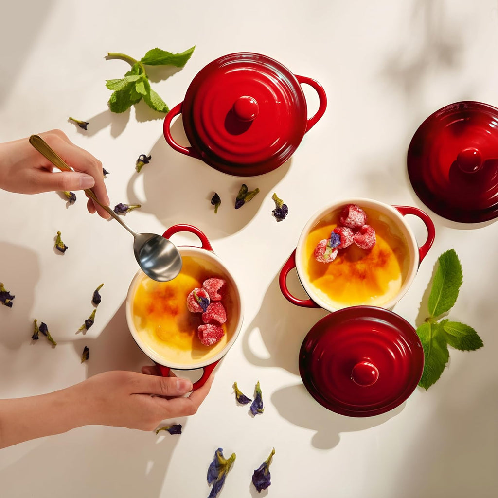 Ceramic Mini Cocotte Set, Small Casserole Dishes with Lids and Handles, Individual Baking Ramekins, Oven, Microwave & Dishwasher Safe, Stoneware, 12 Oz, Set of 4, Crimson Ombre