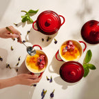 Ceramic Mini Cocotte Set, Small Casserole Dishes with Lids and Handles, Individual Baking Ramekins, Oven, Microwave & Dishwasher Safe, Stoneware, 12 Oz, Set of 4, Crimson Ombre