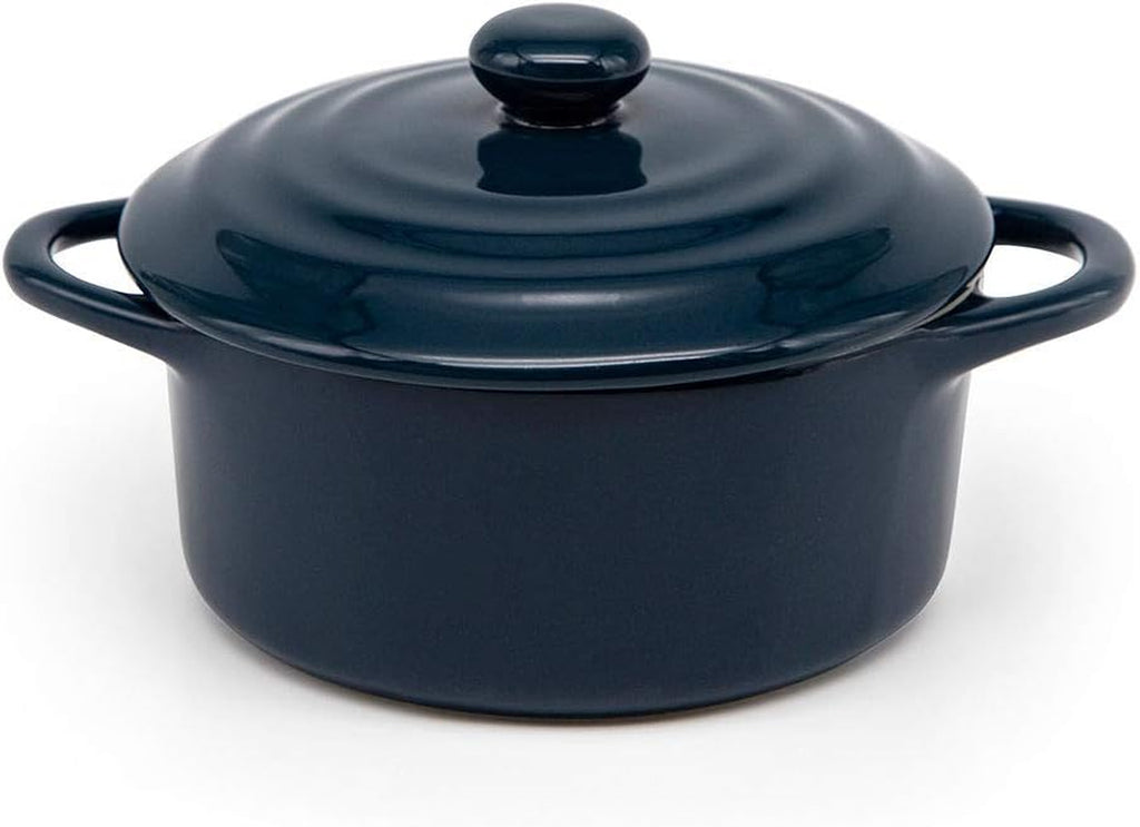 Ceramic Mini Cocotte Set, Small Casserole Dishes with Lids and Handles, Individual Baking Ramekins, Oven, Microwave & Dishwasher Safe, Stoneware, 12 Oz, Set of 4, Navy