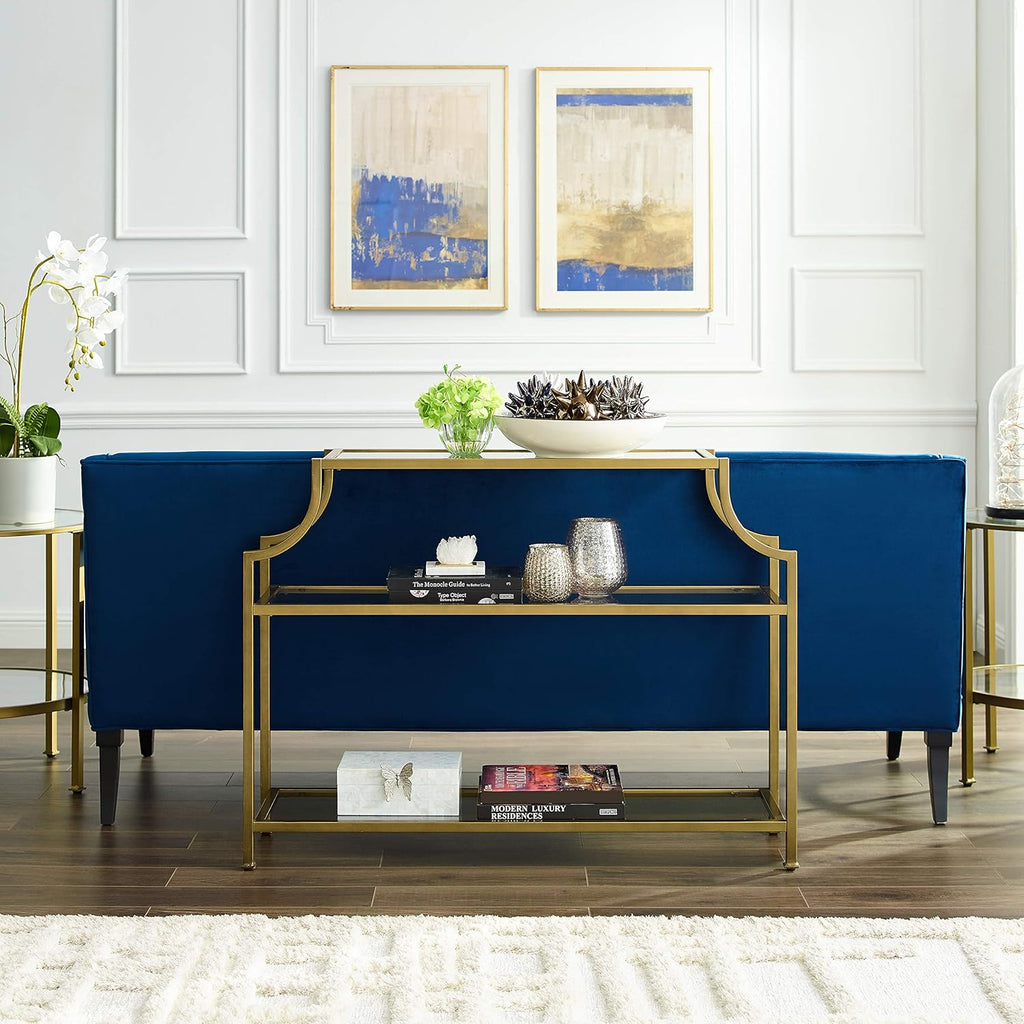 Aimee Sofa Console Table with Storage Shelves for Hall, Entryway, or Living Room, Gold and Glass