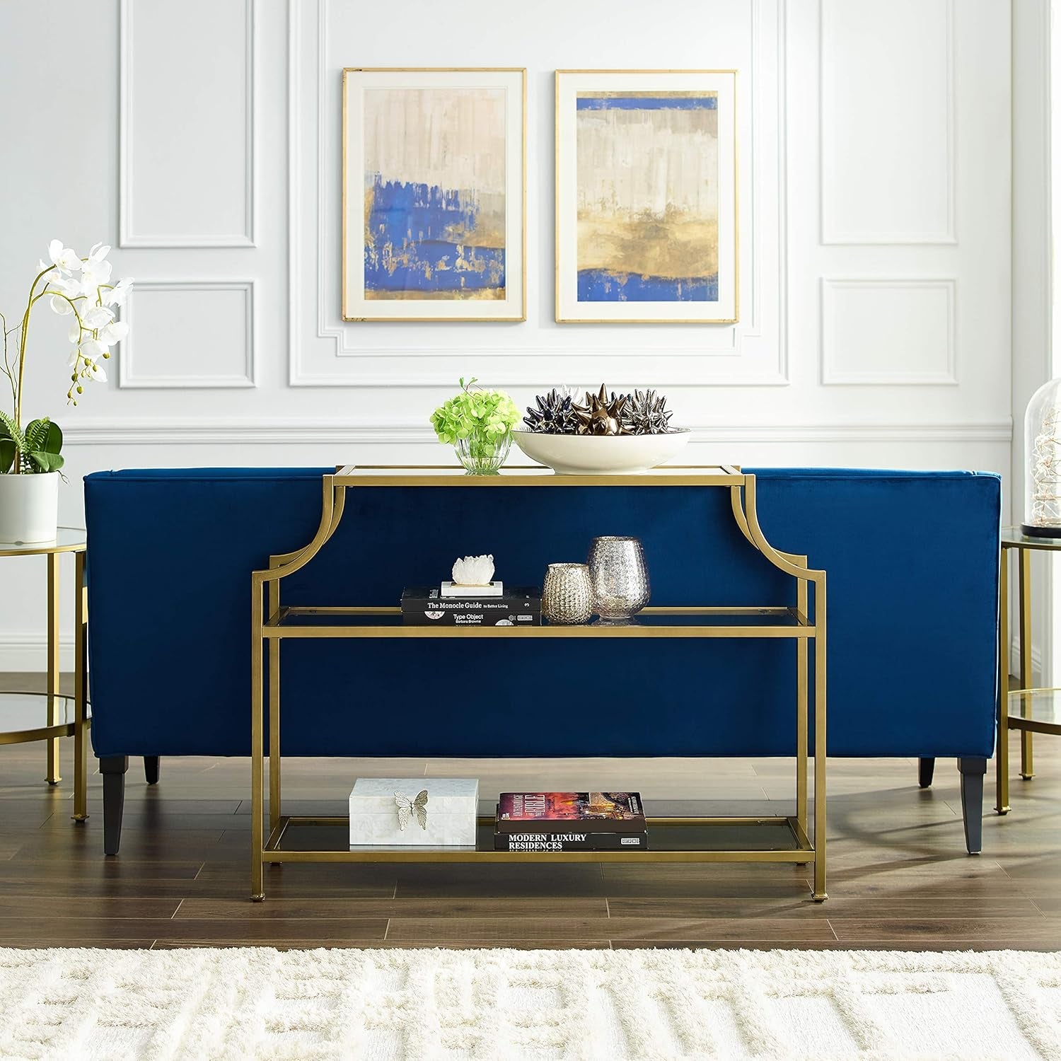 Aimee Sofa Console Table with Storage Shelves for Hall, Entryway, or Living Room, Gold and Glass