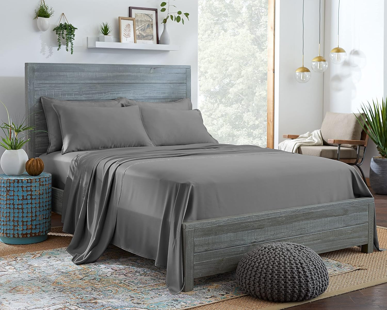 100% Organic Eucalyptus Bed Sheets King Size 4 Piece Set, Tencel Lyocell, Silky Soft & Smooth, Breathable, 16 Inch Deep Pockets, 1 Fitted, 1 Flat, 2 Pillowcases (King, Stone Grey)
