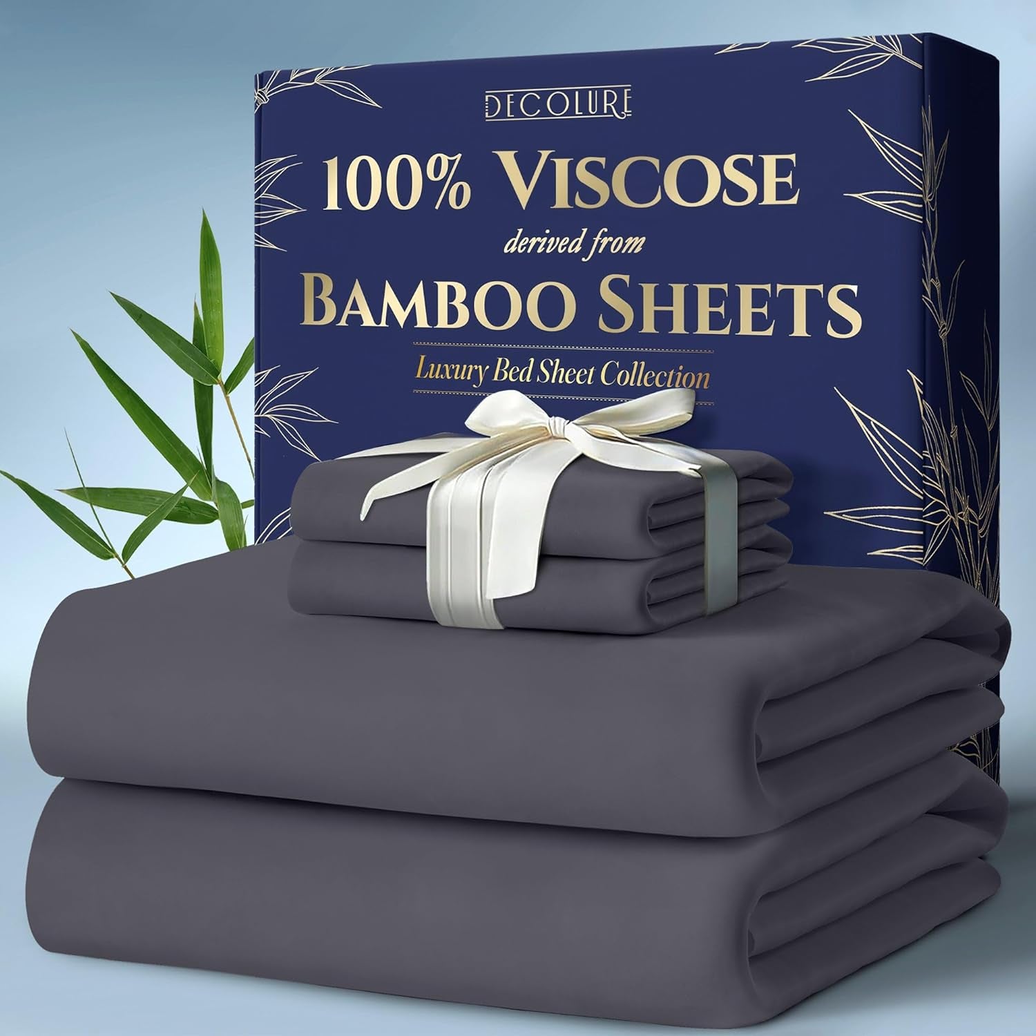 100% Viscose Derived from Bamboo Sheets Queen Size 4Pcs - Ultra Soft & Luxuriously Cooling, 17" Deep Pocket, Double Stitching, Perfect for Hot Sleepers - Queen Bed Sheets (Grey)