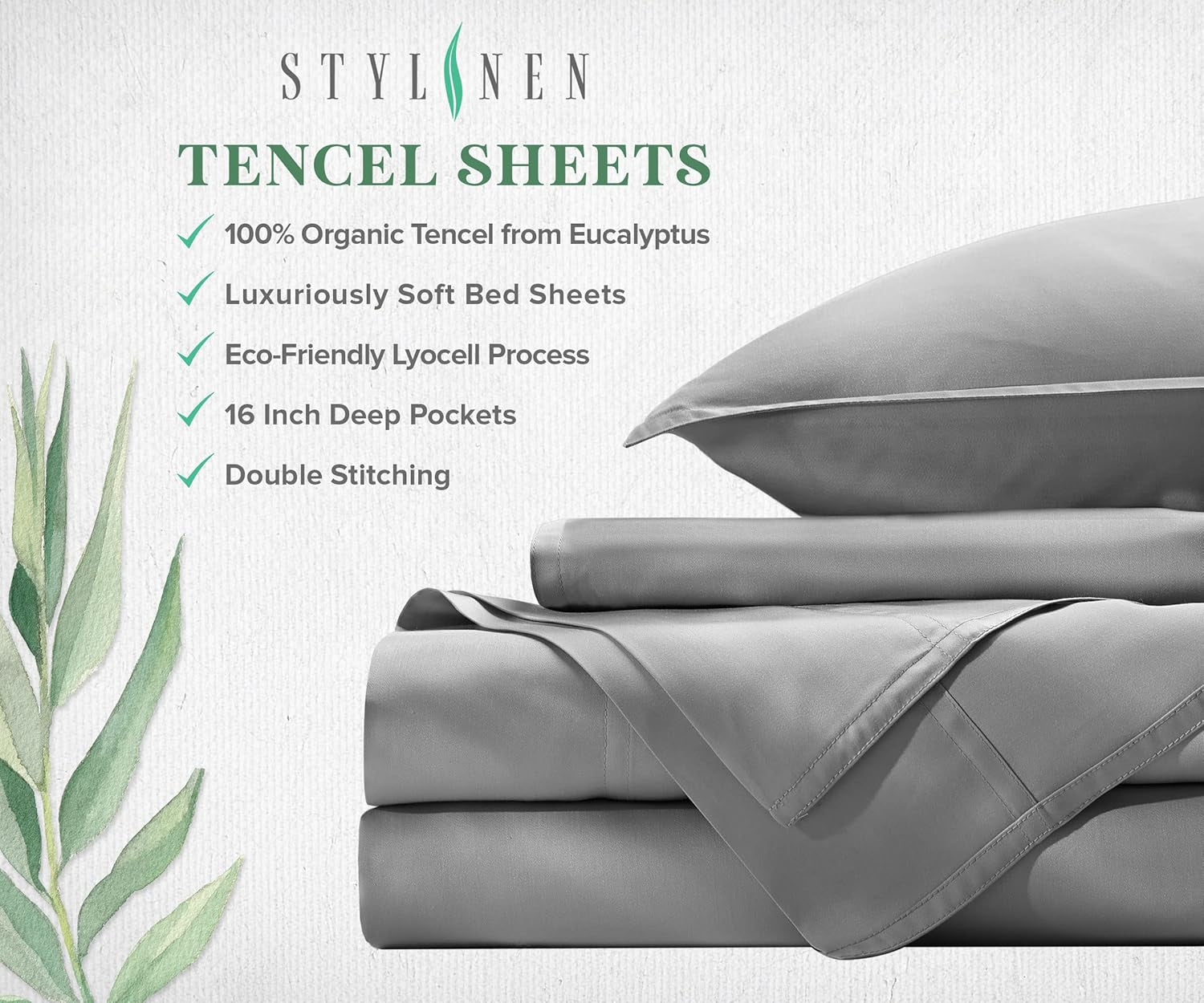 100% Organic Eucalyptus Bed Sheets King Size 4 Piece Set, Tencel Lyocell, Silky Soft & Smooth, Breathable, 16 Inch Deep Pockets, 1 Fitted, 1 Flat, 2 Pillowcases (King, Stone Grey)
