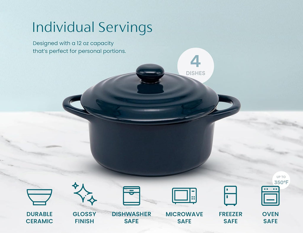Ceramic Mini Cocotte Set, Small Casserole Dishes with Lids and Handles, Individual Baking Ramekins, Oven, Microwave & Dishwasher Safe, Stoneware, 12 Oz, Set of 4, Navy