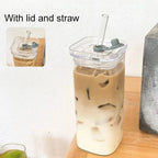 1Pcs Square Heat Resistant Coffee Glass Cup with Lid and Straw Transparent Milk Tea Juice Cups Coffee Mug for Home Bar Drinkware