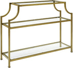 Aimee Sofa Console Table with Storage Shelves for Hall, Entryway, or Living Room, Gold and Glass
