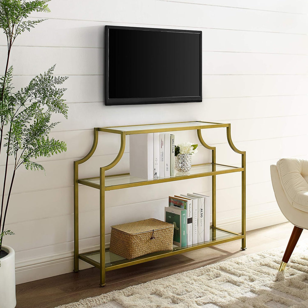 Aimee Sofa Console Table with Storage Shelves for Hall, Entryway, or Living Room, Gold and Glass